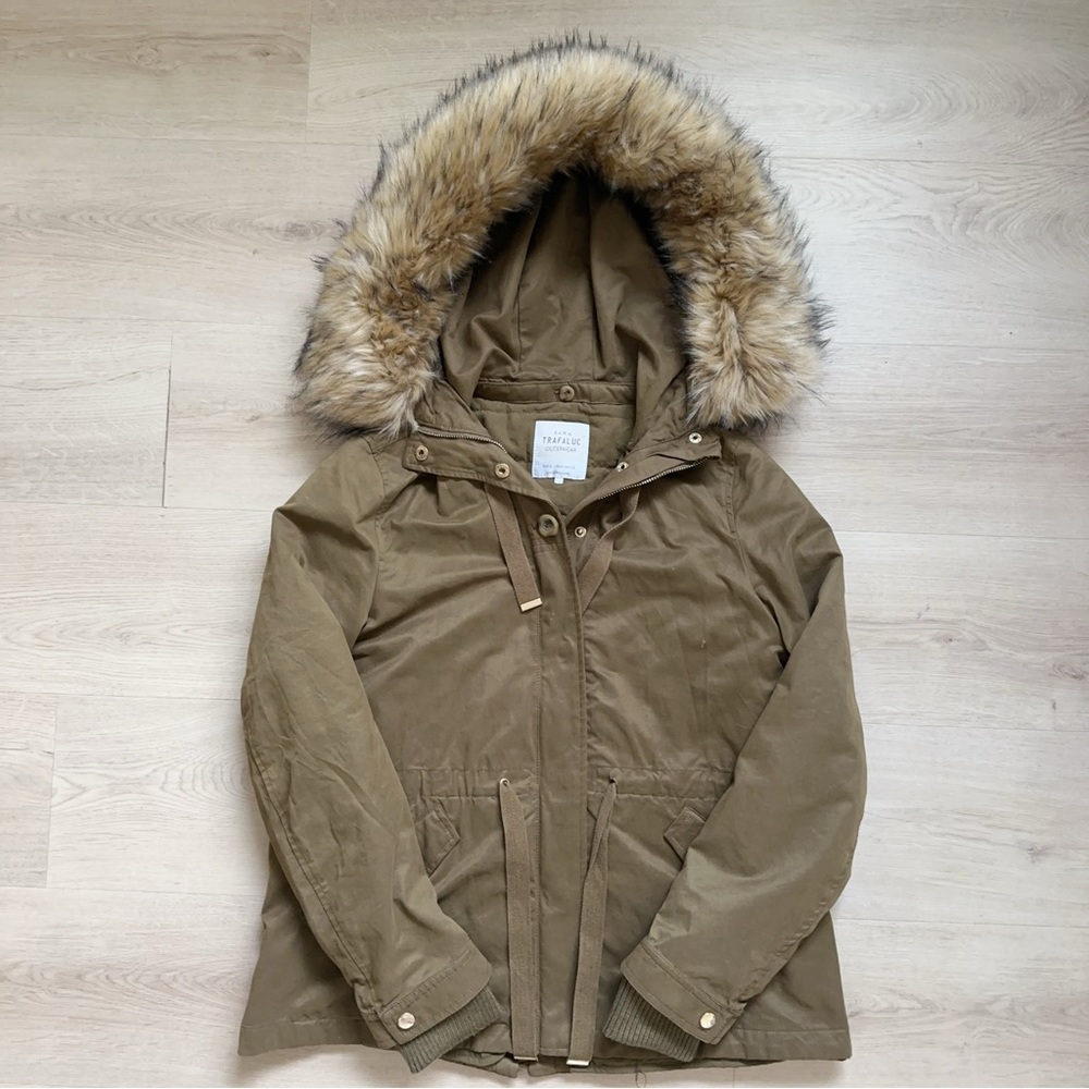 ZARA TRAFALUC Faux Fur Parka Jacket Army Green Size S